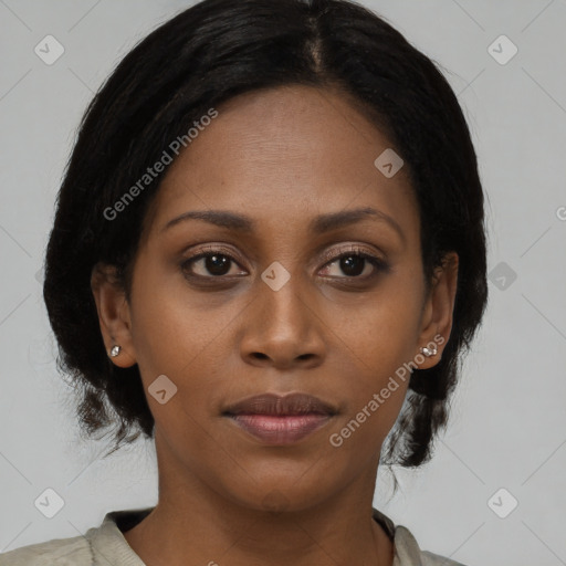 Joyful black young-adult female with medium  black hair and brown eyes