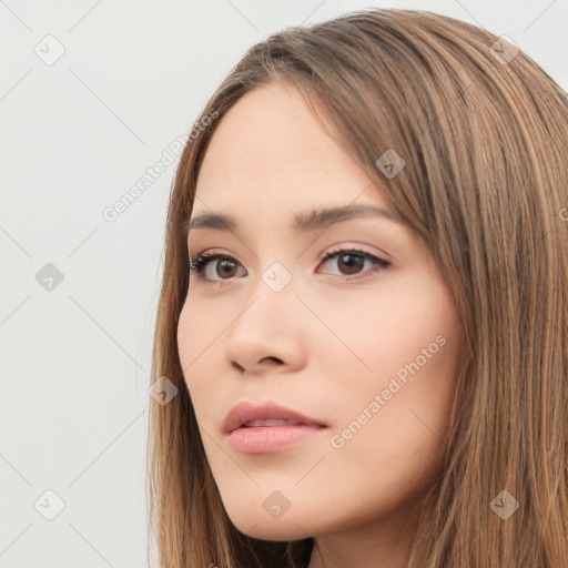 Neutral white young-adult female with long  brown hair and brown eyes