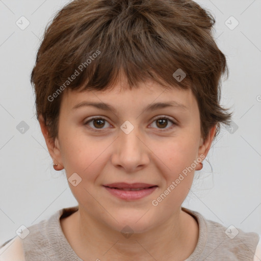 Joyful white child female with short  brown hair and brown eyes