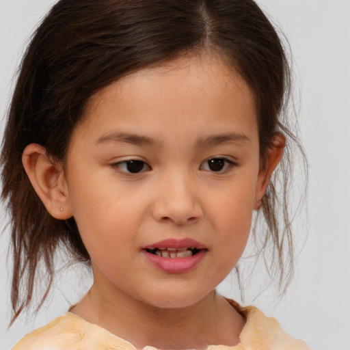 Joyful white child female with medium  brown hair and brown eyes