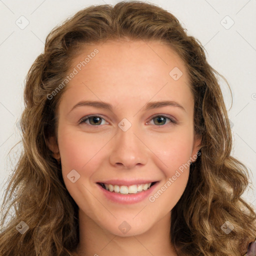 Joyful white young-adult female with long  brown hair and green eyes