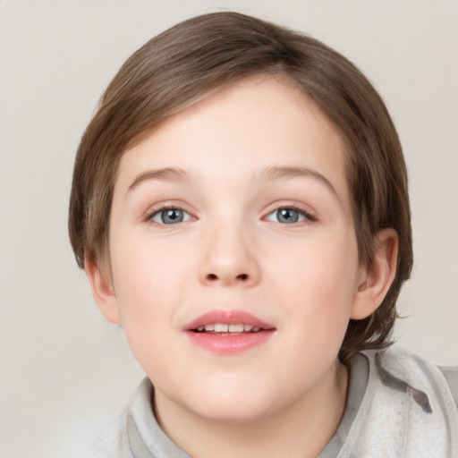 Joyful white child female with medium  brown hair and blue eyes