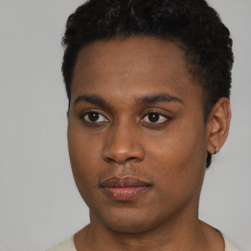 Neutral black young-adult male with short  brown hair and brown eyes
