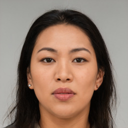 Neutral asian young-adult female with long  brown hair and brown eyes