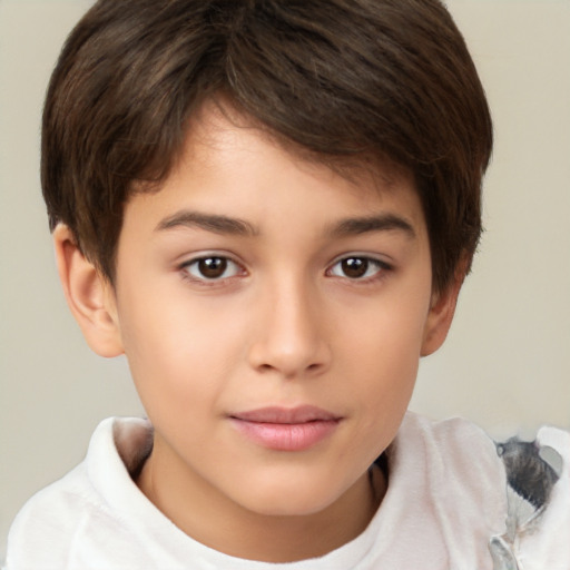 Joyful white child female with short  brown hair and brown eyes