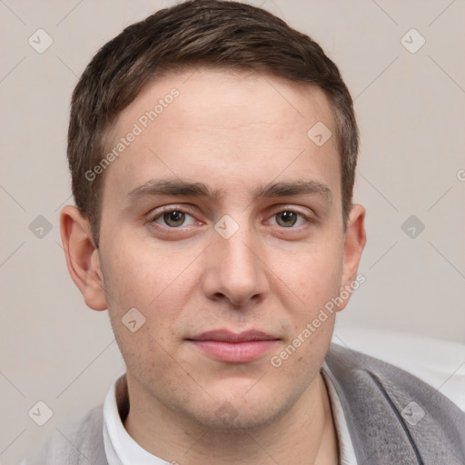 Neutral white young-adult male with short  brown hair and grey eyes