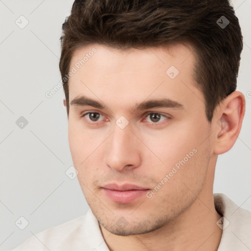 Neutral white young-adult male with short  brown hair and brown eyes