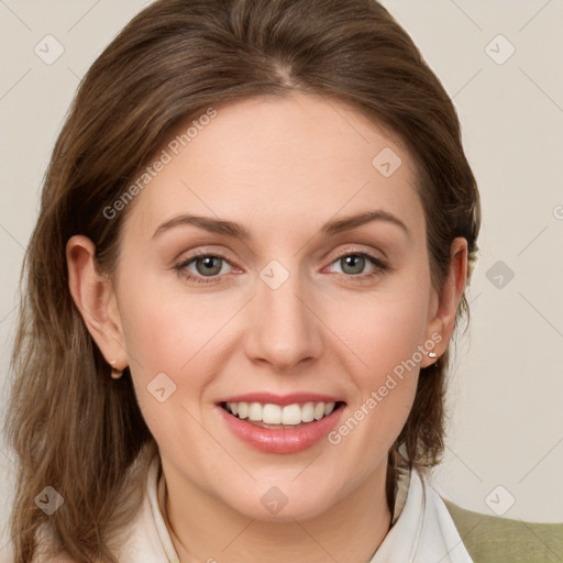 Joyful white young-adult female with medium  brown hair and blue eyes