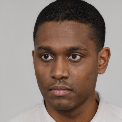 Neutral black young-adult male with short  black hair and brown eyes
