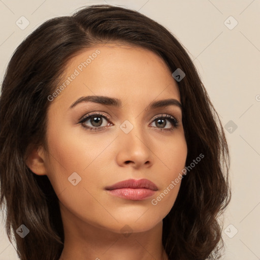 Neutral white young-adult female with long  brown hair and brown eyes