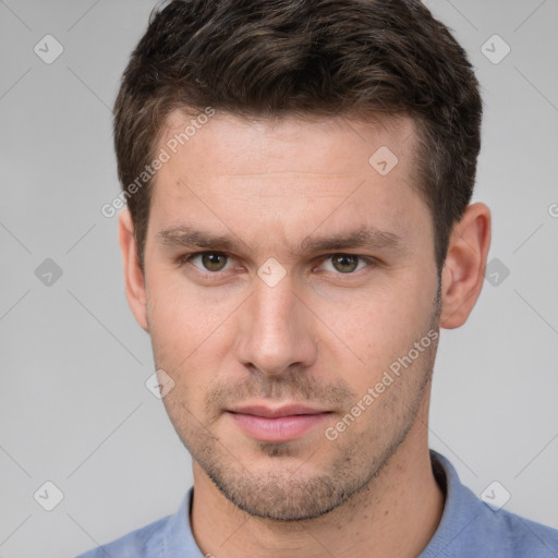 Neutral white young-adult male with short  brown hair and brown eyes