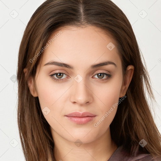 Neutral white young-adult female with long  brown hair and brown eyes