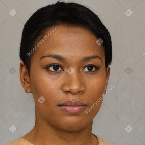 Neutral black young-adult female with short  black hair and brown eyes