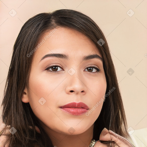 Neutral white young-adult female with long  brown hair and brown eyes