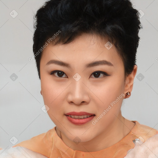 Joyful asian young-adult female with short  brown hair and brown eyes