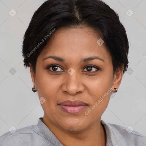 Joyful black young-adult female with short  brown hair and brown eyes