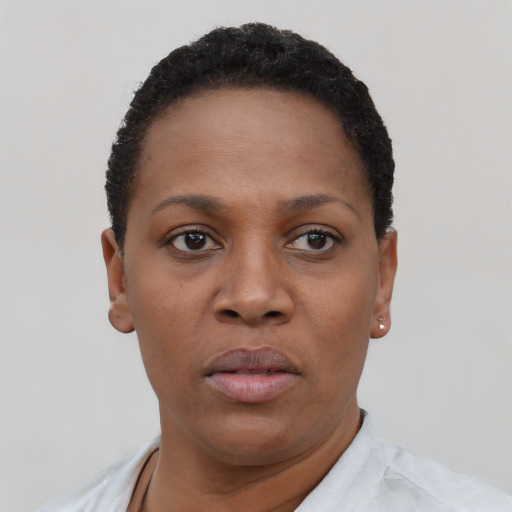 Neutral black young-adult female with short  black hair and brown eyes