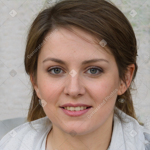 Joyful white young-adult female with medium  brown hair and blue eyes