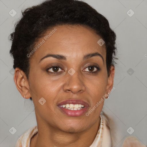 Joyful latino adult female with short  brown hair and brown eyes