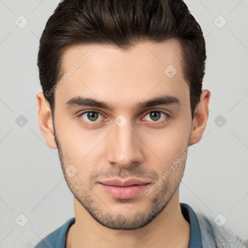 Neutral white young-adult male with short  brown hair and brown eyes