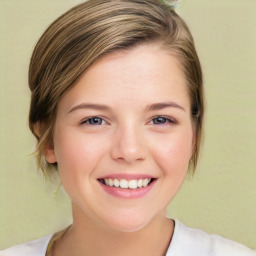 Joyful white young-adult female with medium  brown hair and green eyes