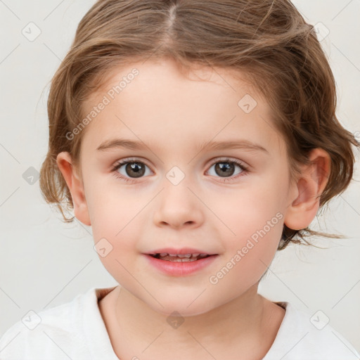 Joyful white child female with medium  brown hair and brown eyes