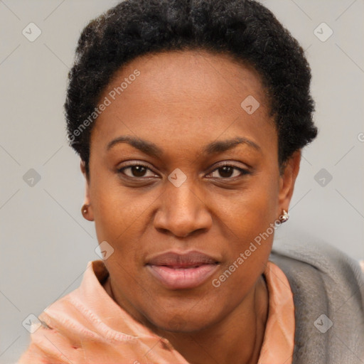 Joyful black adult female with short  black hair and brown eyes