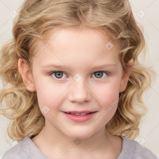 Joyful white child female with medium  brown hair and blue eyes