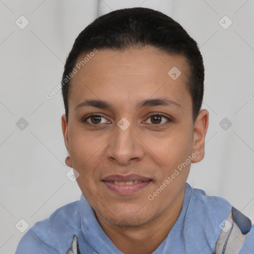 Joyful white young-adult female with short  black hair and brown eyes