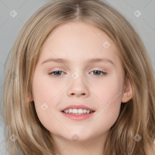 Joyful white child female with medium  brown hair and brown eyes