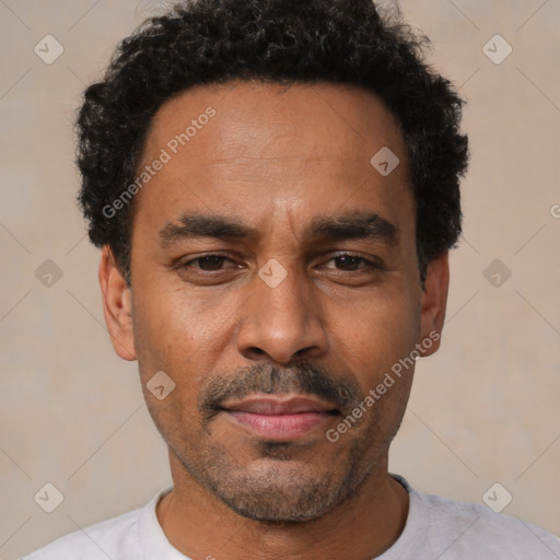 Neutral latino adult male with short  black hair and brown eyes