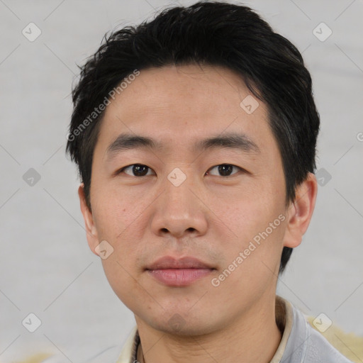 Neutral asian young-adult male with short  black hair and brown eyes