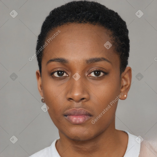 Neutral black young-adult female with short  black hair and brown eyes