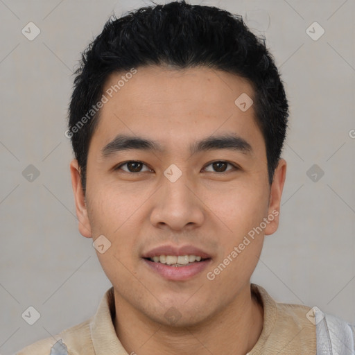 Joyful asian young-adult male with short  black hair and brown eyes