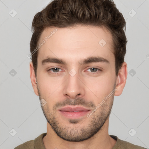 Neutral white young-adult male with short  brown hair and brown eyes