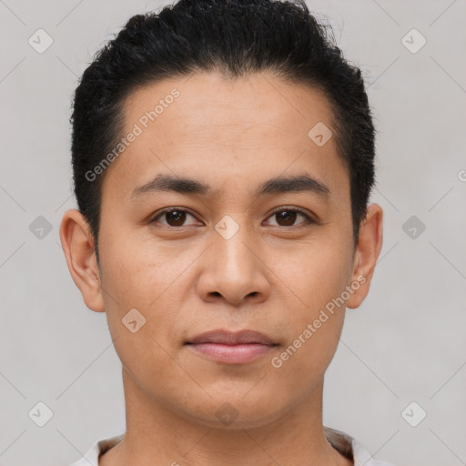 Neutral latino young-adult male with short  black hair and brown eyes