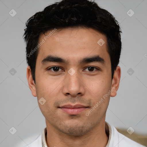 Neutral white young-adult male with short  black hair and brown eyes