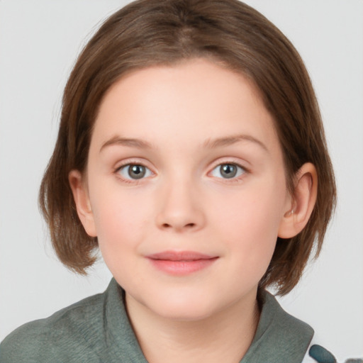 Joyful white child female with medium  brown hair and blue eyes