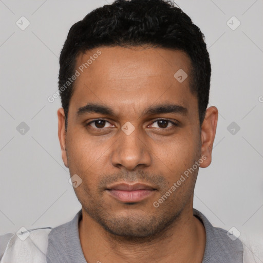 Neutral latino young-adult male with short  black hair and brown eyes