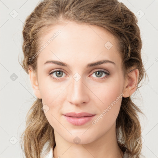 Joyful white young-adult female with medium  brown hair and green eyes