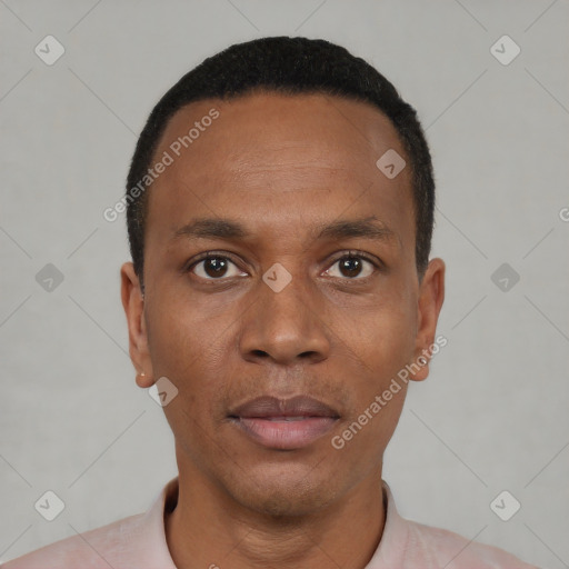 Neutral black young-adult male with short  black hair and brown eyes