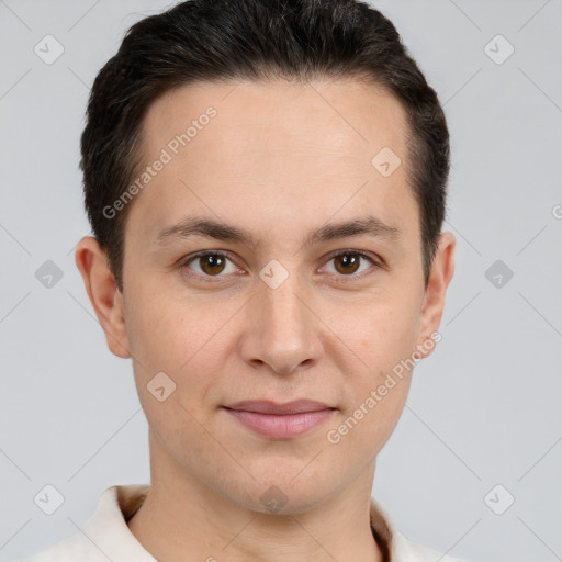 Joyful white young-adult male with short  brown hair and brown eyes