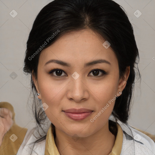 Joyful latino young-adult female with medium  brown hair and brown eyes