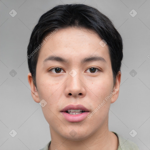 Neutral asian young-adult male with short  black hair and brown eyes