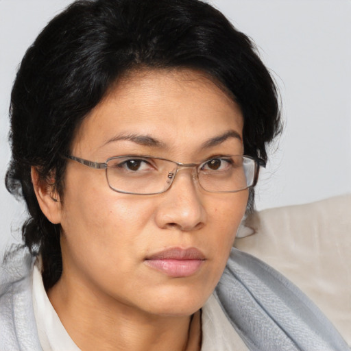 Neutral asian adult female with medium  brown hair and brown eyes