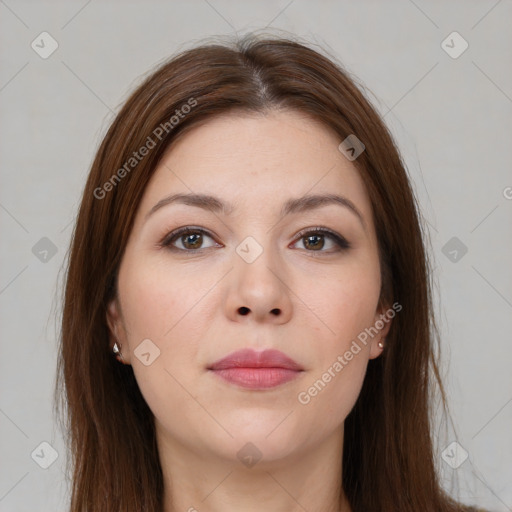 Neutral white young-adult female with long  brown hair and brown eyes