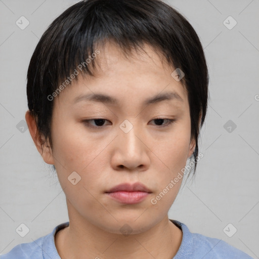 Neutral asian young-adult female with short  brown hair and brown eyes