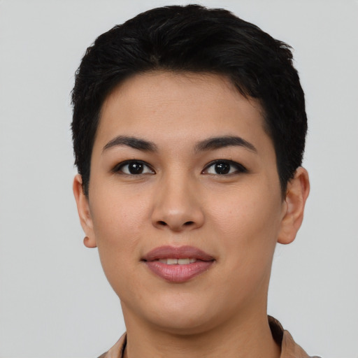 Joyful asian young-adult female with short  black hair and brown eyes