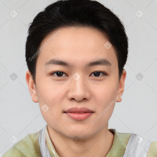 Joyful asian young-adult male with short  brown hair and brown eyes
