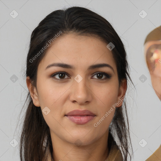 Joyful latino young-adult female with medium  brown hair and brown eyes